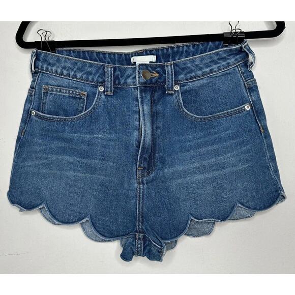 H&M Cute Blue 5 Pocket High Waist Shorts Zip Fly Button Close Scalloped Hem 6 - Picture 2 of 10